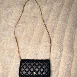 CHANEL Black Quilted Crossbody with Gold Chain